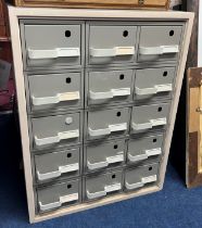 Myers 15 Drawer Index Card Chest. In Grey painted steel and wood. W58cm H75cm D42cm