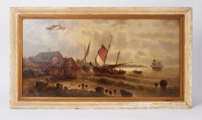 19th century oil on canvas 'Sail boat on choppy seas' damaged, not signed, 58cm x 104cm including