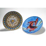 Majolica charger plate together with a hand painted Carp fish wall charger plate (2).