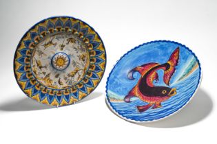 Majolica charger plate together with a hand painted Carp fish wall charger plate (2).