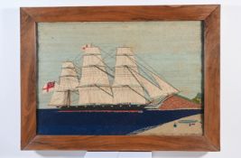 19th Century sailors woolwork depicting a 'Masted sailing ship on the coast with figure on the