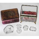 Antique jewel box with five glass panels, gilt mounts and cushioned interior, 17cm x 19cm x 15cm