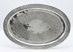 A silver oval platter, impressed mark .800, inscribed 'Handmade Tripoli, Libya B.Hameda', 50cm x