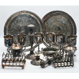 A collection of silver plated ware including set of six goblets, salvers, toast wrack etc (with