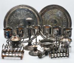 A collection of silver plated ware including set of six goblets, salvers, toast wrack etc (with