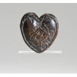 A 19th century carved wood heart shaped novelty box with Masonic decoration, height 7cm