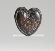 A 19th century carved wood heart shaped novelty box with Masonic decoration, height 7cm
