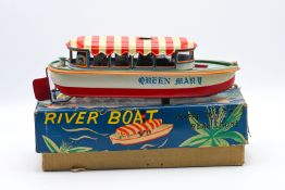 Japanese tinplate and battery operated River Boat, boxed.