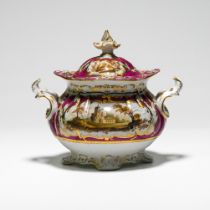 19th Century porcelain sugar bowl and cover with landscape decoration gilt and pink ground on
