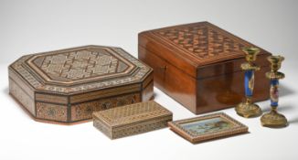 Large Persian ornate and inlaid box, width 34cm, depth 34cm and height 8.5cm together with a similar