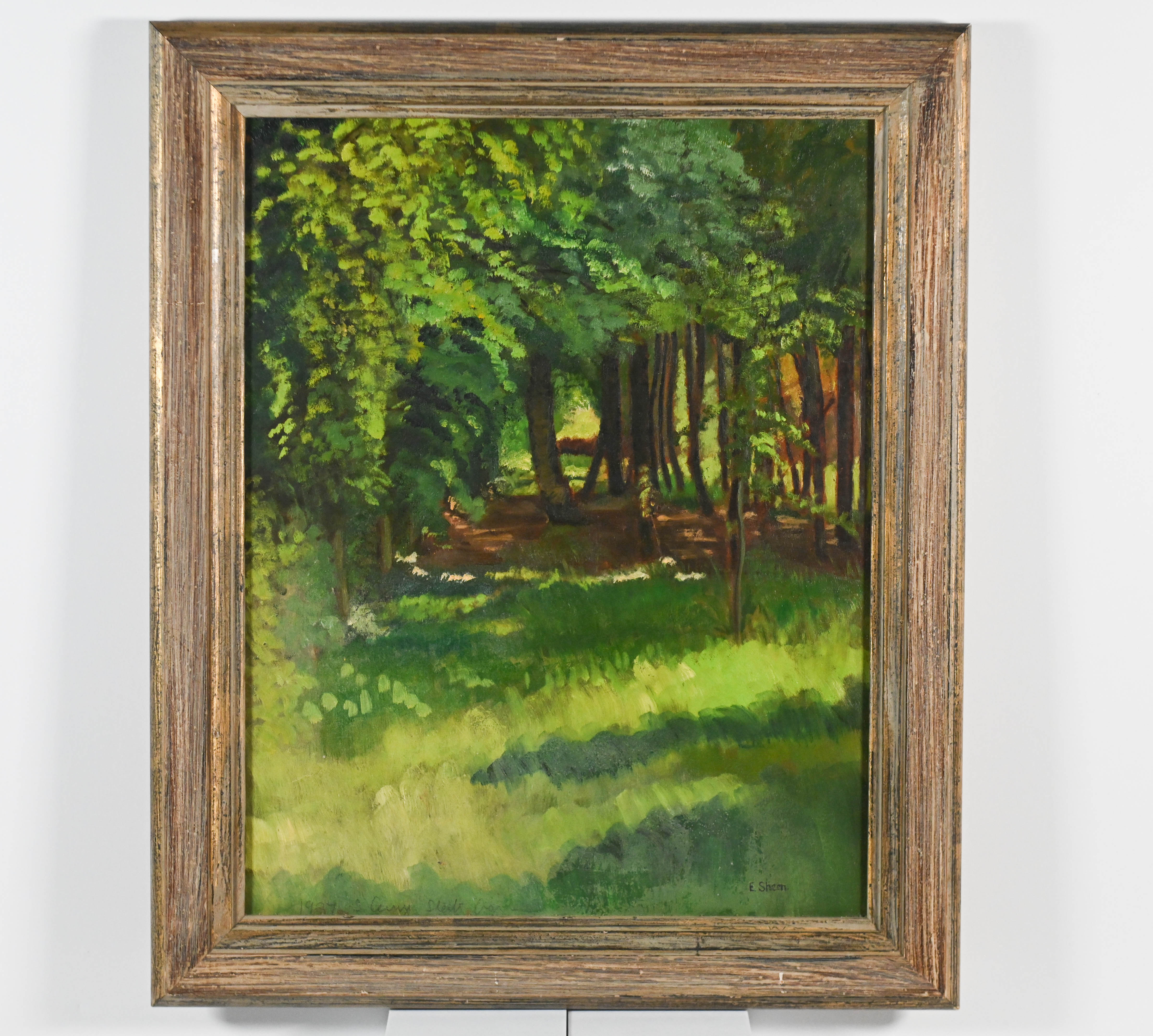 E.J Sheen (Born 1937) 'Trees In The Garden, South Cerney I' oil sketch on panel with paper label