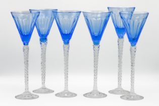 Set of six tall drinking glasses, Berkeley, height 30cm blue glass bowls.
