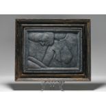 Modernist ceramic plaque of a female nude with wooden frame, 1990, edition 14/40, 37cm x 30cm