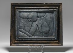 Modernist ceramic plaque of a female nude with wooden frame, 1990, edition 14/40, 37cm x 30cm