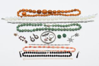 A mixed lot to include an opaline bead necklace, carved flower coral bead & pearl necklace, a