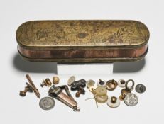 Brass and copper box and various contents including 9ct gold mounted cigar cutter, the box with