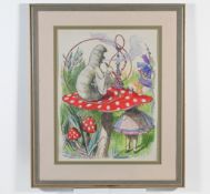 Hand coloured illustration 'Alice In Wonder Land' indistinctly signed Deaplers? Framed and glazed,