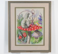 Hand coloured illustration 'Alice In Wonder Land' indistinctly signed Deaplers? Framed and glazed,