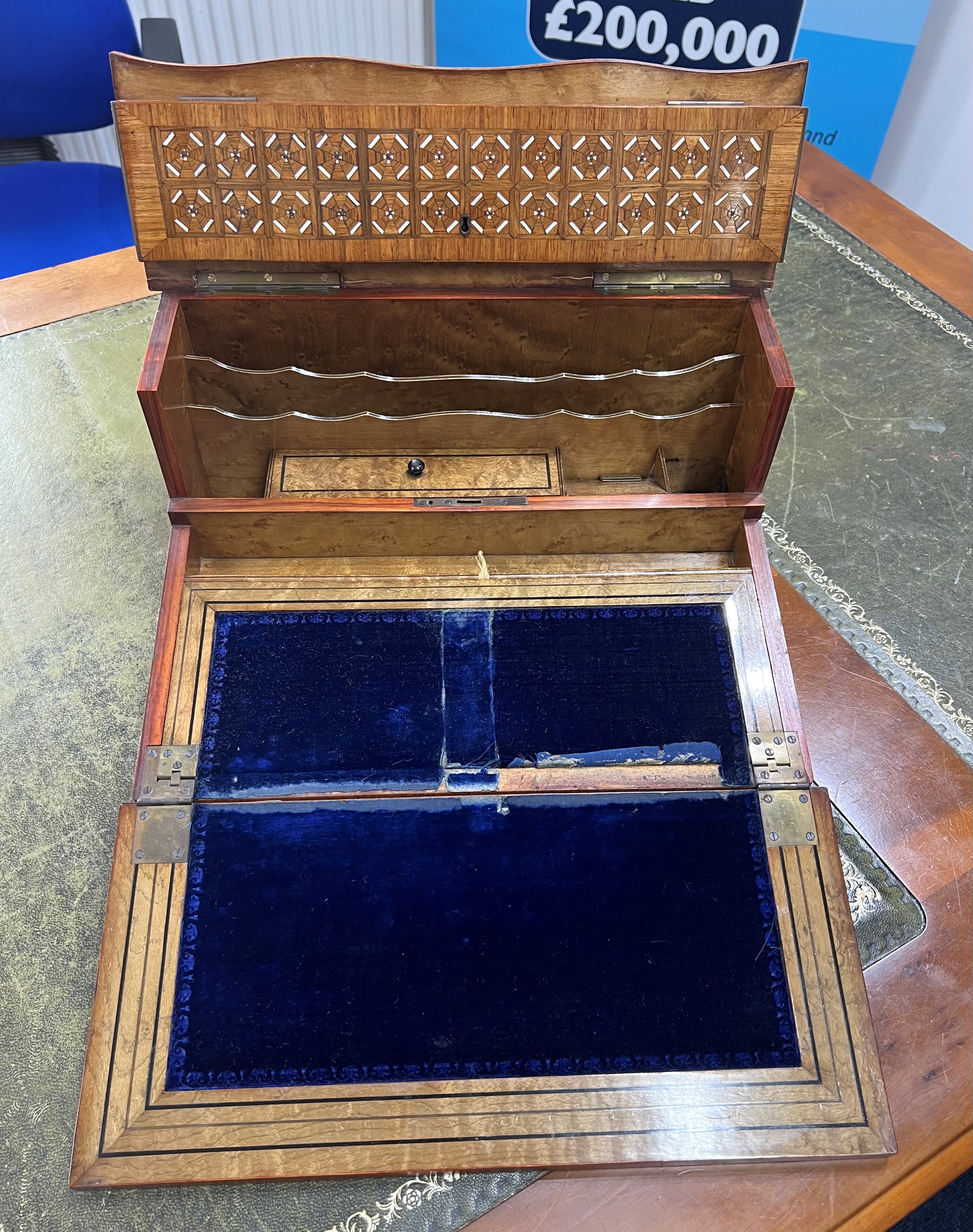 Victorian inlaid rosewood? And Birdseye maple lined writing slope with hinged top revealing a - Image 2 of 2