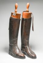 Pair of Antique leather riding boot on shoe trees, height 64cm