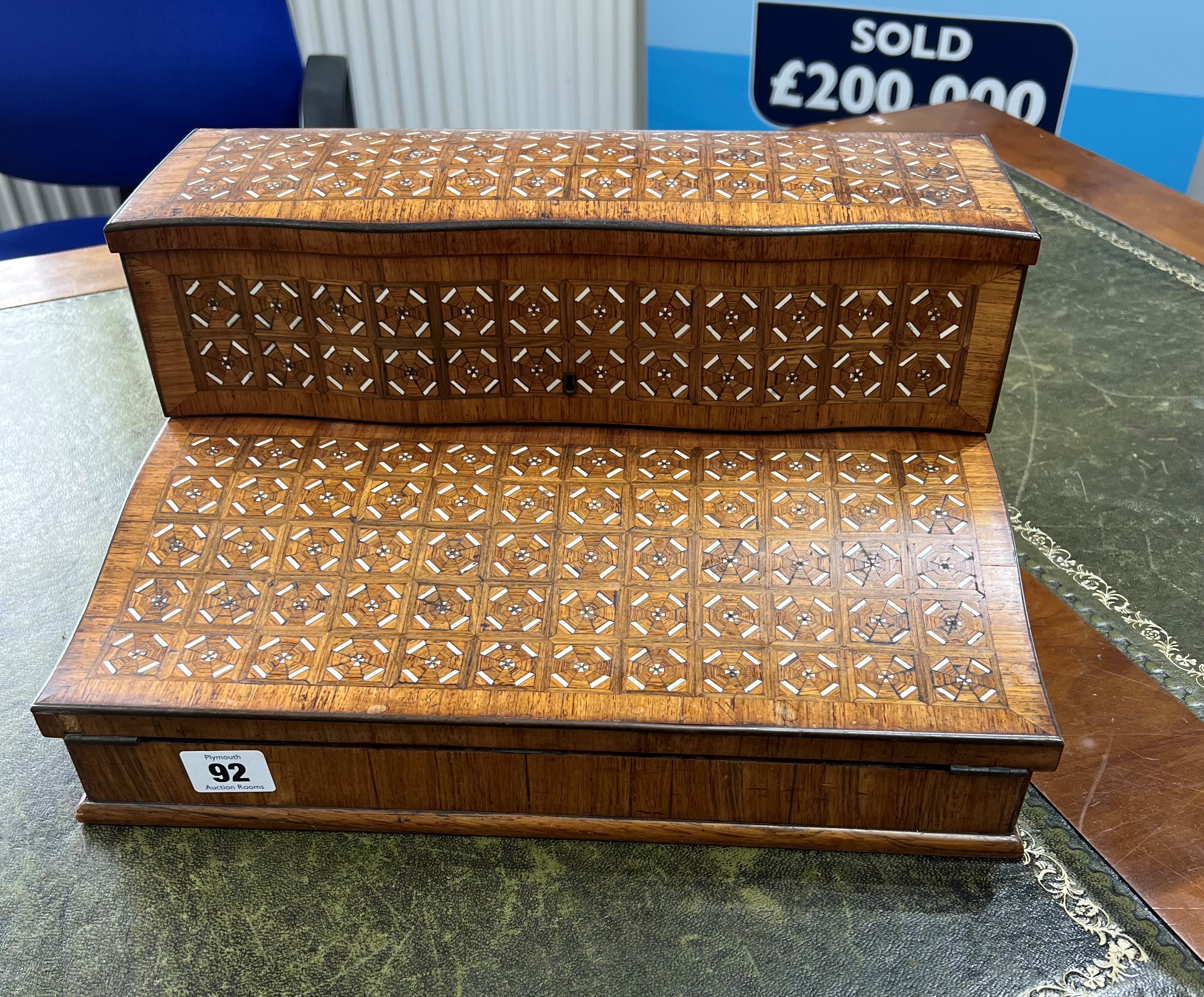 Victorian inlaid rosewood? And Birdseye maple lined writing slope with hinged top revealing a