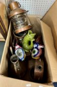 Mixed lot of objects including Dartmouth gurgling jugs, copper, mast head lamp approx. 25cm and