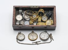 Antique mahogany box containing collection of various pocket watches and wristwatches including