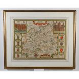 Antique Map by John Speede, Surrey described and divided into hundreds, map size 40cm x 52cm,