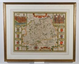 Antique Map by John Speede, Surrey described and divided into hundreds, map size 40cm x 52cm,