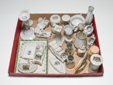 Collection of Plymouth Crested Ware, 28 pieces including Cars, Boats, Candle Sticks and 2 Cornish