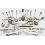 A quantity of silver serving spoons, ladles, forks, etc, total weight 45.45oz.