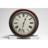 Victorian mahogany cased dial wall clock with roman numerals, key and pendulum, diameter 42cm
