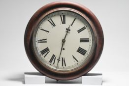Victorian mahogany cased dial wall clock with roman numerals, key and pendulum, diameter 42cm