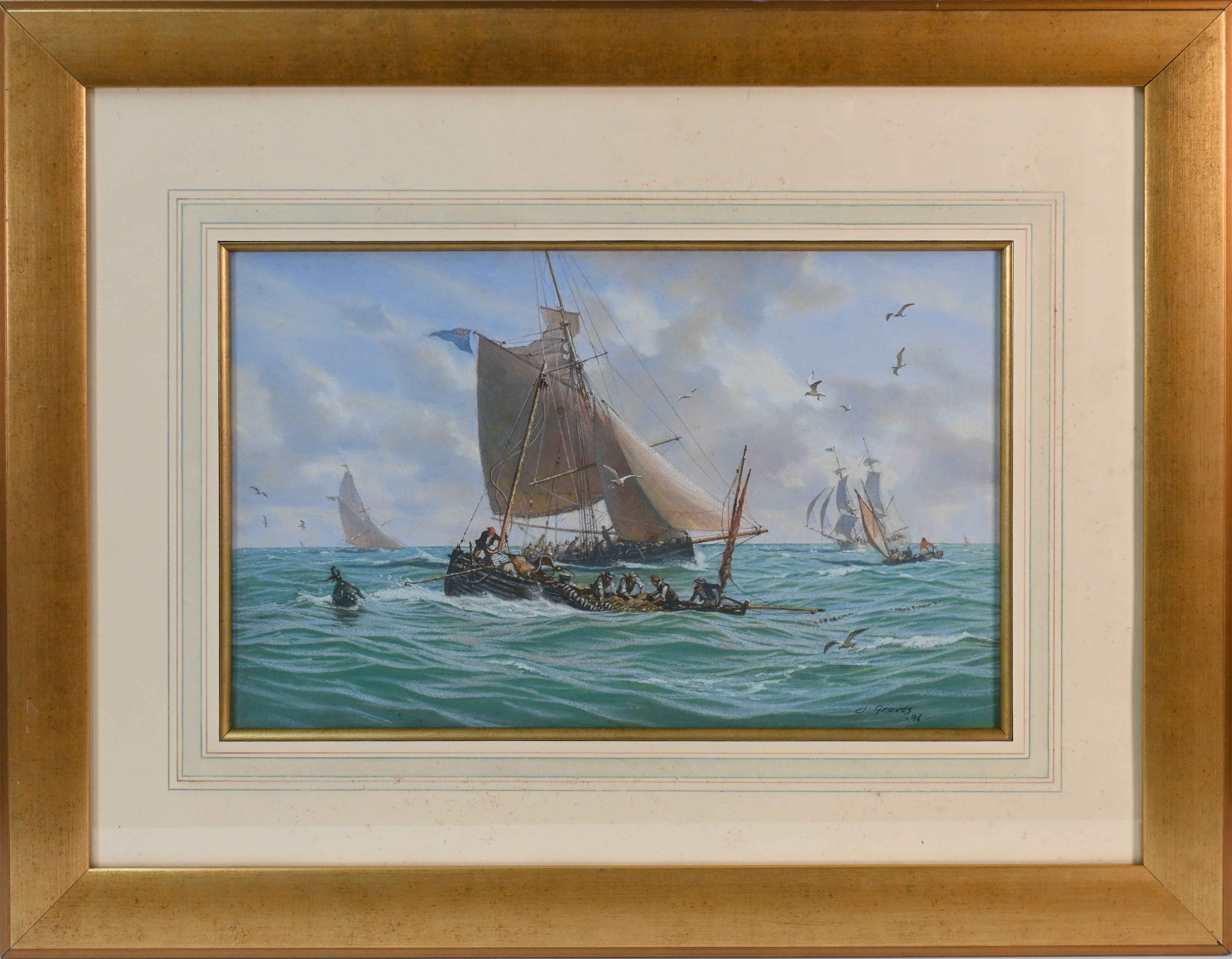 John Michael Groves (1937-2019), original pastel, North Sea Fishing, signed and dated '98, 48cm x