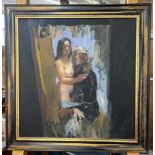 Robert Lenkiewicz (1941-2002), 'Painter with Brunette Model, Standing', oil on board, framed, (