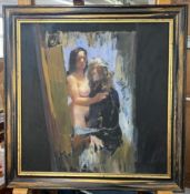 Robert Lenkiewicz (1941-2002), 'Painter with Brunette Model, Standing', oil on board, framed, (