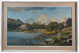 Donald Greig (1916-2009) 'Bridge at Gweek, Cornwall', singed, oil on board, label on reverse,