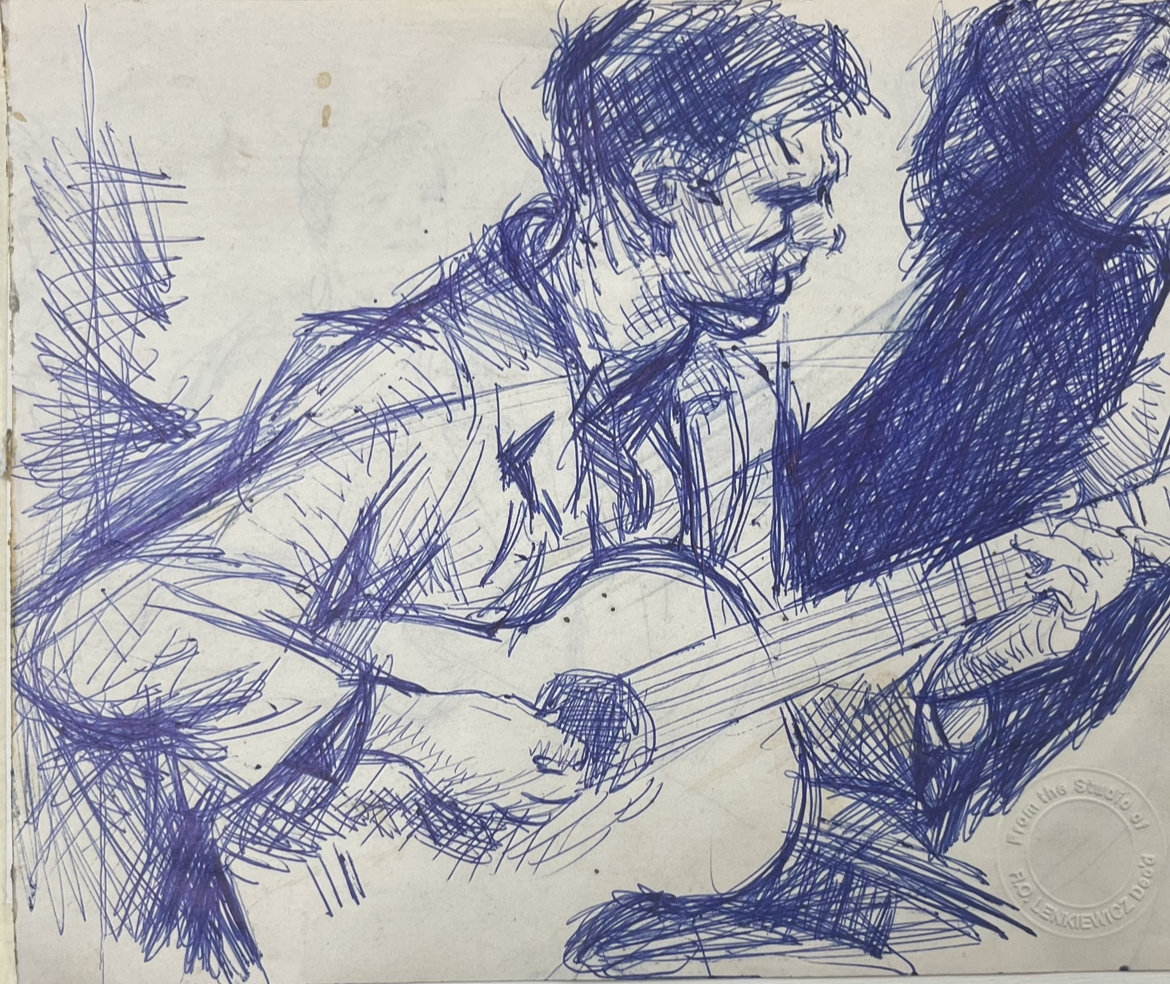 Robert Lenkiewicz (1941-2002) three early drawings in blue biro and pencil, one of the guitarists is