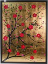 Rosie Cunningham, 'Chinese Blossom Tree' on gold leaf, signed, framed and glazed, 74cm x 55cm.