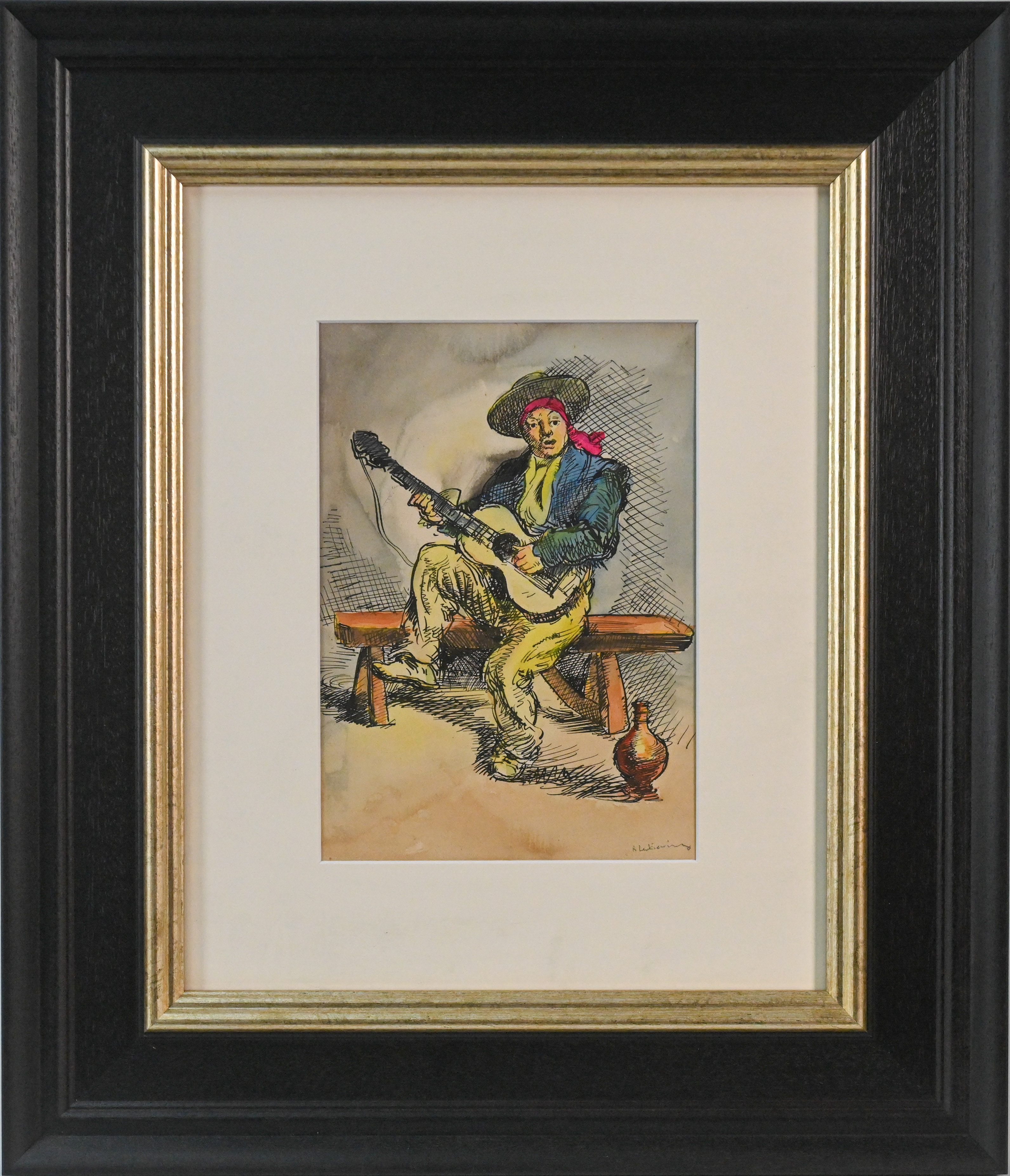 Robert Lenkiewicz (1941-2002) Musician, early original, ink and pencil, framed & glazed with HD