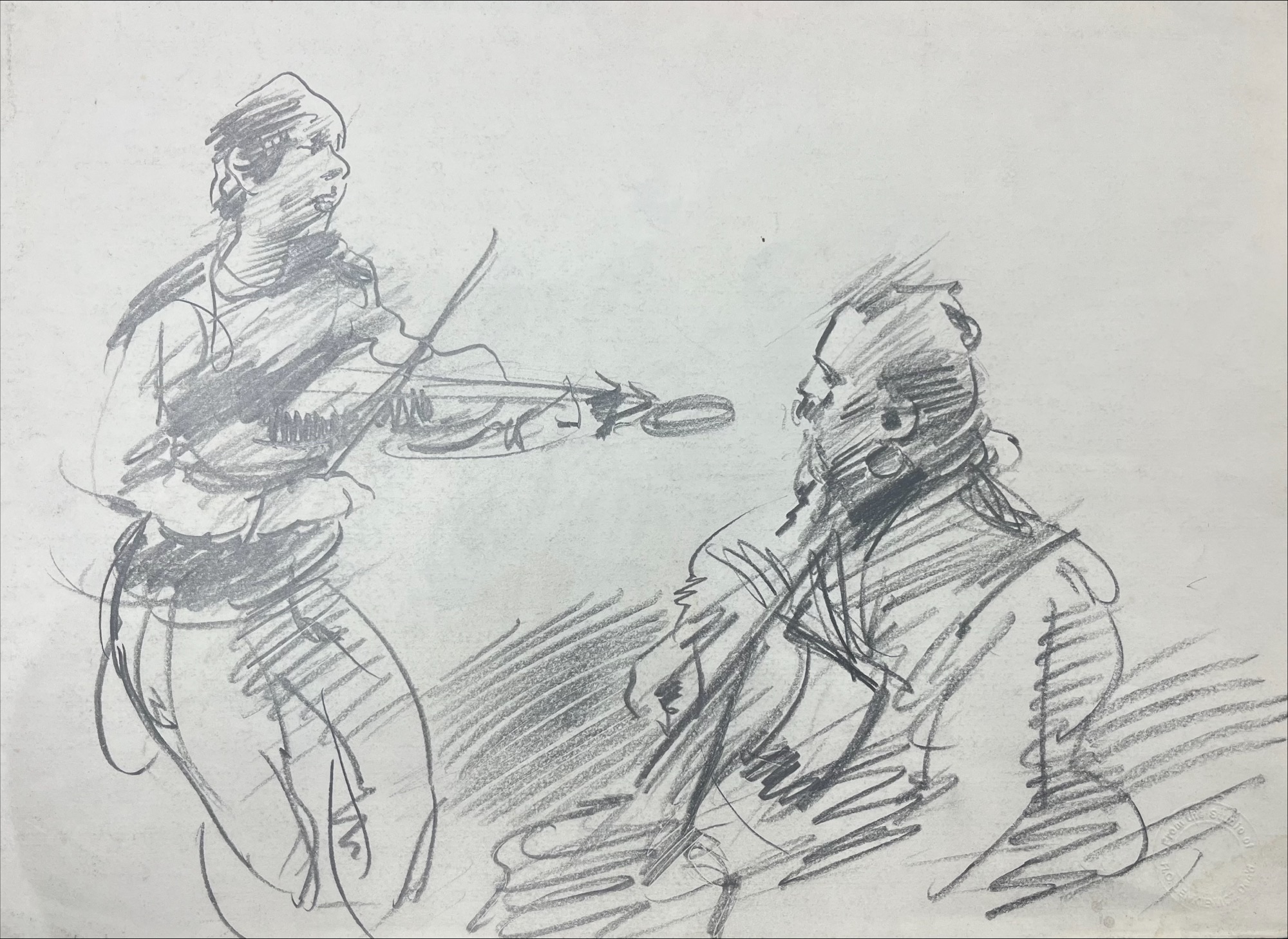 Robert Lenkiewicz (1941-2002) three early drawings in blue biro and pencil, one of the guitarists is - Image 3 of 3