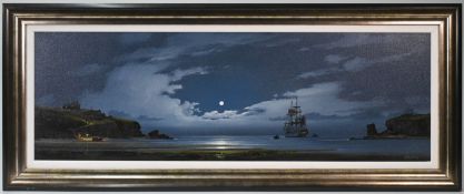 Jason (Les Spence, British Contemporary, born 1964), 'Cliffside Mooring, Moonlit' oil on canvas,