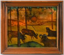 Beryl Turpin (1926-2016), enamel Grazing Herd, enamel on copper, signed label on reverse, 30cm x