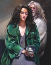 Robert Lenkiewicz (1941-2002) 'Anna with Pit-Fired bowl' print on canvas, with certificate of