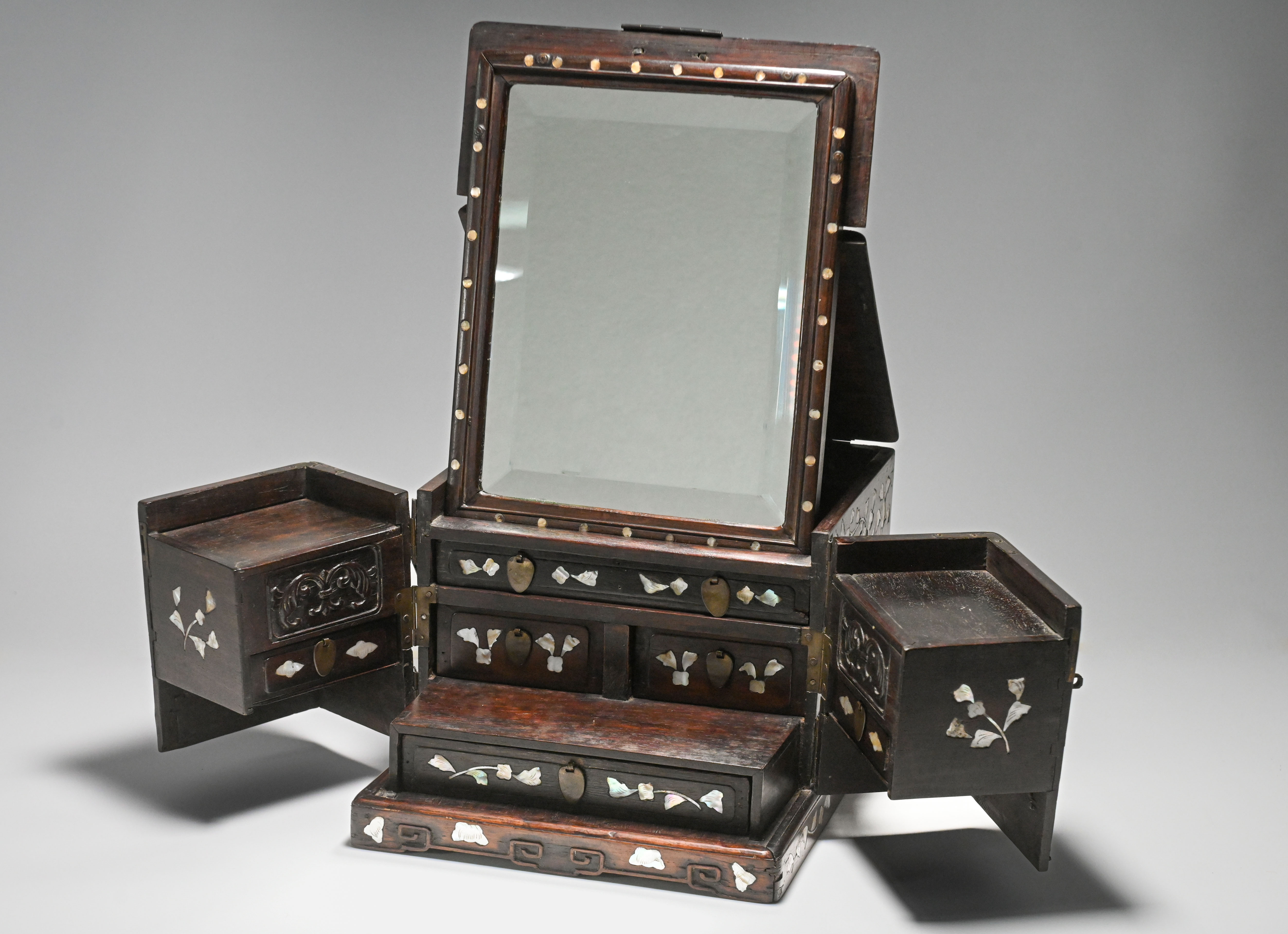 A mother-of-pearl inlaid hardwood Travelling Costmetics Box, early 20th century, of rectangular - Image 2 of 2