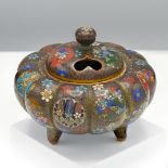 A cloisonne enamel tripod censer and cover, Meiji period (1868-1912) Of lobed compressed globular