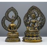 Two bronze figures of deities, Himalayan, one of a multi-armed Boddhisattva and the other of Buddha,
