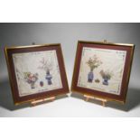 A pair of pictures of vases of flowers; ink and embroidery on silk (framed and glazed) 49.5 by 52.