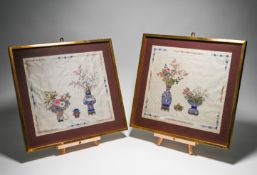 A pair of pictures of vases of flowers; ink and embroidery on silk (framed and glazed) 49.5 by 52.