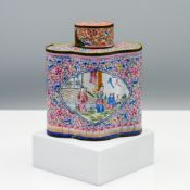 A Canton enamel tea caddy and cover, Qing dynasty, 19th century, of lobed form, painted in ‘
